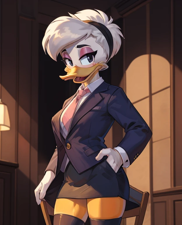 (ducktales:1.2) (ducktales:1.2) (by kyurisawa:1.2) (by chelodoy:1) (by ashraely:1) BREAK daisy duck, beak, white skin, white body, white hair, short hair, female, breasts, orange legs,  clothed, clothing, mouth closed, eyeliner, pink eyeshadow, black eyebrows, black eyes, inside, mansion, night (tired:1.3) looking at viewer, skirt suit, (((three-piece suit))), (((necktie))), blazer, (((suit jacket))), (((suit shirt))), (((dress shirt))), (((waistcoat))), double-breasted waistcoat, bodycon miniskirt, pencil skirt, hand on hip, open mouth, tongue, spread legs, lace panties, bottom up view, upskirt view , skirt lift, shy, cameltoe, sitting on chair, back view, ass