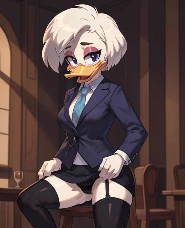 (ducktales:1.2) (ducktales:1.2) (by kyurisawa:1.2) (by chelodoy:1) (by ashraely:1) BREAK daisy duck, beak, white skin, white body, white hair, short hair, female, breasts, orange legs,  clothed, clothing, mouth closed, eyeliner, pink eyeshadow, black eyebrows, black eyes, inside, mansion, night (tired:1.3) looking at viewer, skirt suit, (((three-piece suit))), (((necktie))), blazer, (((suit jacket))), (((suit shirt))), (((dress shirt))), (((waistcoat))), double-breasted waistcoat, bodycon miniskirt, pencil skirt, hand on hip, open mouth, tongue, spread legs, lace panties, bottom up view, upskirt view , skirt lift, shy, cameltoe, sitting on chair, back view, ass