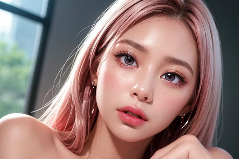 Ultra realistic, open shot, best quality, dream aesthetic (blurry in cinematic vibrant light), hot atmosphere, show all, ultra-detailed, fine details, high resolution (wide image), Perfect dynamic composition, illuminated pale skin, perfect shading, beautiful (realistic) detailed clear eyes, naked, hot belly, thick legs, pantyhose, pale-pink hair, medium (silky) silver hair, natural big breasts (nude), Natural Color Lip, face with pleasure and fatigue expression, Random and sensual poses, bedroom (background unfocused)、20 year old、dream atmosphere