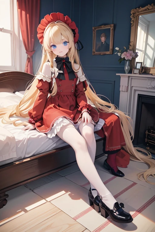 masterpiece, highest quality, High resolution, 1 、blue eyes、
blonde、Straight long hair、Original Costume、bonnet, red dress,white pantyhosecup, black footwear 、Luxury bedroom、