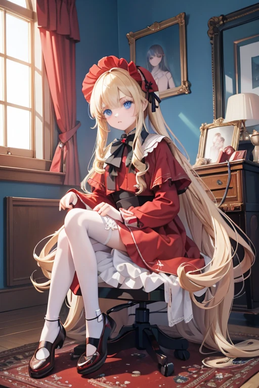 masterpiece, highest quality, High resolution, 1 ***************、blue eyes、
blonde、Straight long hair、Original Costume、bonnet, red dress,white pantyhosecup, black footwear 、Luxury bedroom、