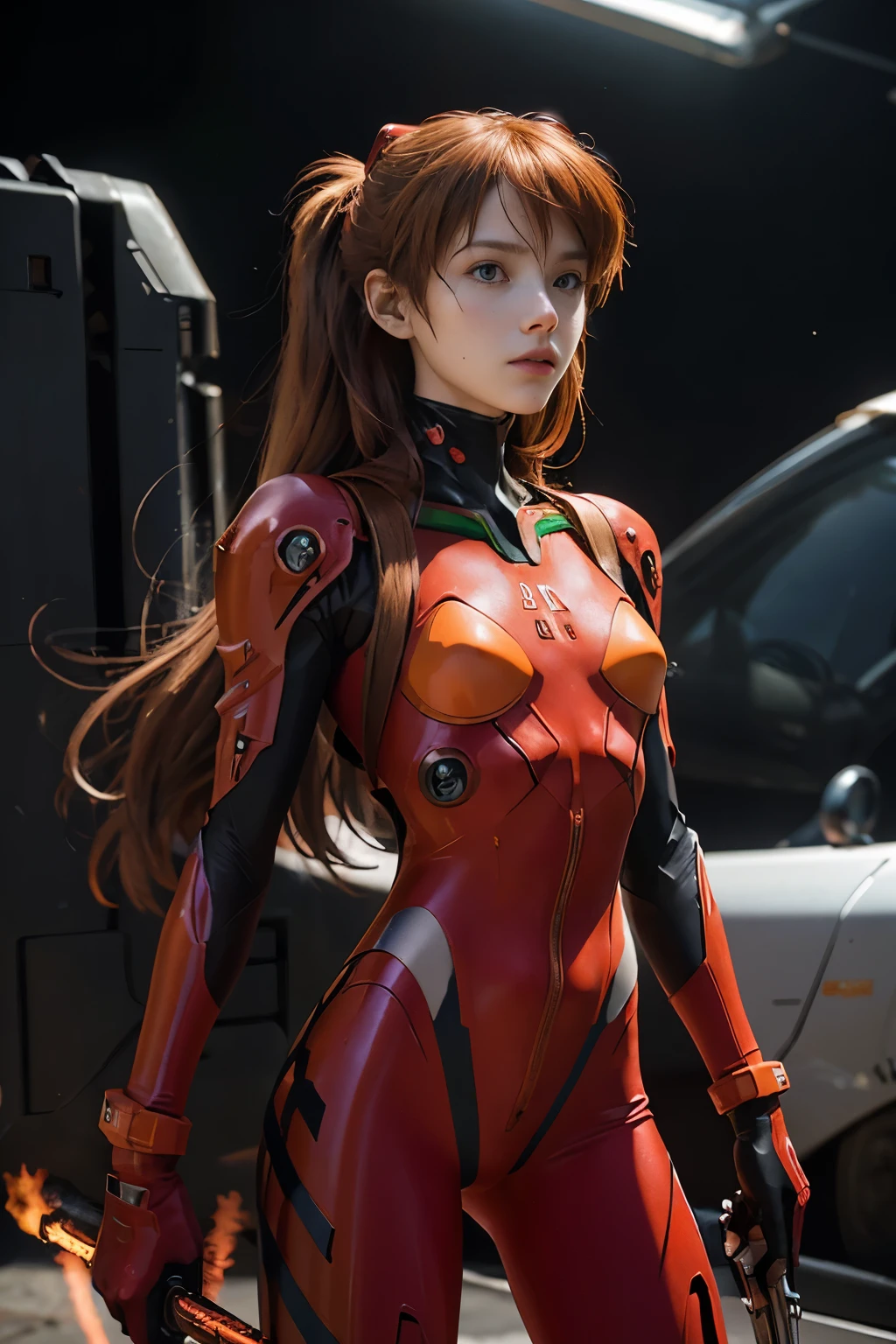 Hyper-realistic and ultra high-definition rendering, this captivating young female dons the iconic Macross Evangelion outfit, devoid of the helmet. Her cascading red flame hair contrasts against the translucent googles perched upon her head. The outfit, complete with double body armor, exudes combat style as she wields a laser gun in this epic scene. The background portrays a war zone inferno, further accentuating the dramatic and intense atmosphere. Reminiscent of an unreal engine, the intricate mech body armor adorns her figure, showcasing the perfect face and ultra detailed features of this masterpiece.