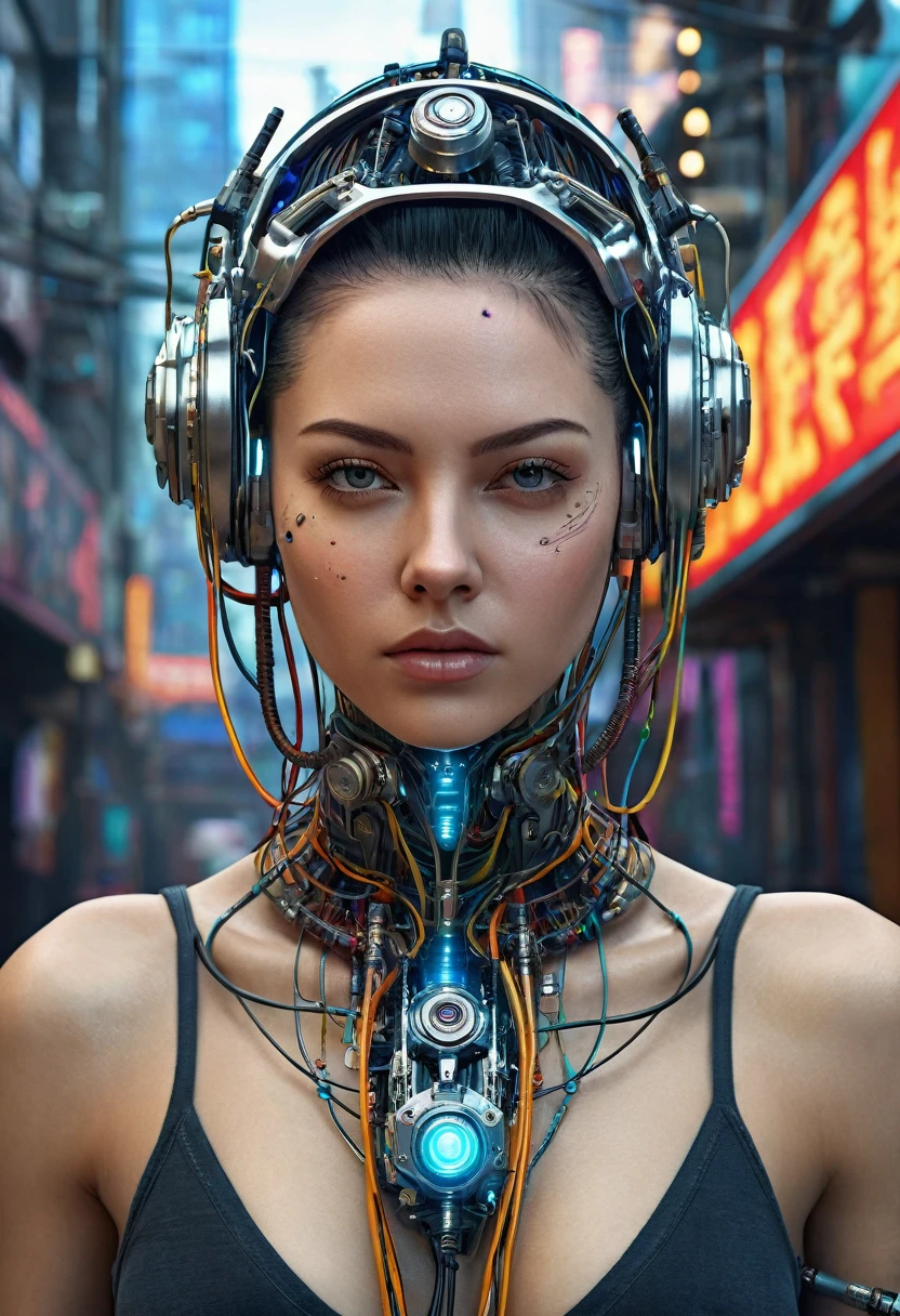 ((extremely delicate and beautiful cybernetic girl)), ((mechanical limblood vessels connected to tubeechanical vertebrae), ((mechanical cervical attaching to neck)), (wires and cables attaching to neck:1.2), ((mass of wires and cables on head)), (character focus), (((dynamic pose))), ((cowboy shot)), (masterpiece), (((best quality))), ((ultra-detailed)), (highly detailed photorealistic CG illustration), cinematic lighting, science fiction, extremely detailed,colorful,highest detail, (((cyberpunk city background))), tattoos,
