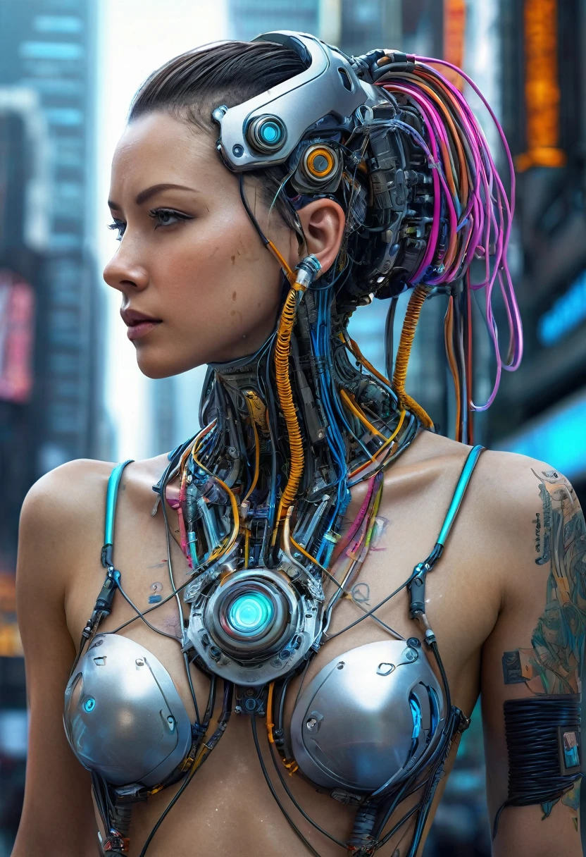 ((extremely delicate and beautiful cybernetic girl)), ((mechanical limblood vessels connected to tubeechanical vertebrae), ((mechanical cervical attaching to neck)), (wires and cables attaching to neck:1.2), ((mass of wires and cables on head)), (character focus), (((dynamic pose))), ((cowboy shot)), (masterpiece), (((best quality))), ((ultra-detailed)), (highly detailed photorealistic CG illustration), cinematic lighting, science fiction, extremely detailed,colorful,highest detail, (((cyberpunk city background))), tattoos,