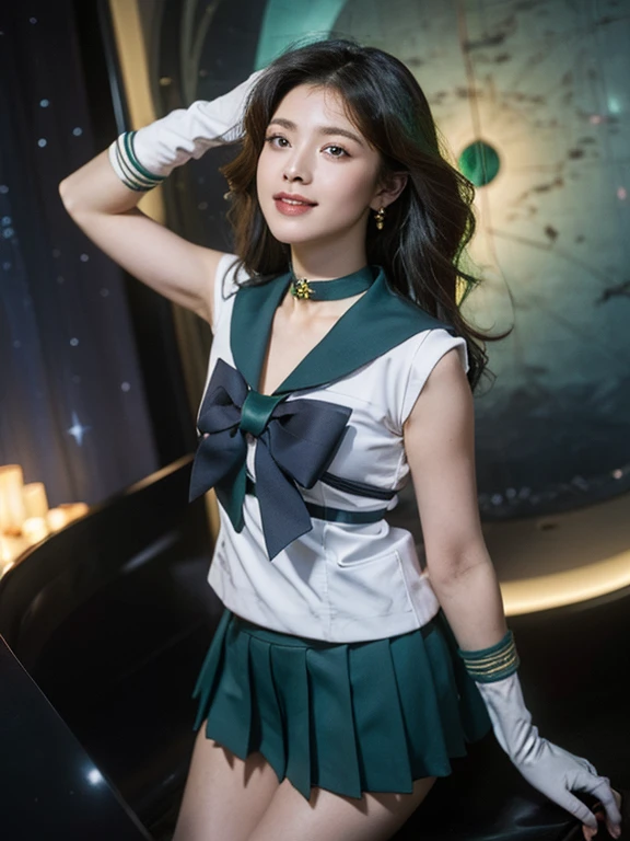 space background, ((HD Real, SAMA1 level)), Extreme Real, masterpiece, 最high quality, high quality, SAMA1, space, Amazing beauty, Upper Body Shot, 1 girl, Large Breasts, Put your arms behind your back、alone, Sailor Neptune, Aqua blue eyes, uniform, Show more1, 세일러 센시 uniform, (RAWphotograph, 最high quality), masterpiece, Floating dark green hair, グリーンSailor collar, bow, choker, Gloves, green choker, elbow gloves, Jewelry store, Earrings, green skirt, Outsole, whole body, dark green Medium Hair, (Perfect hands): 3.8, Octane Rendering, Goddess of the Sea, (expansion: 1.2) Beautiful eyes in every detail, expansion, Small eyes, View your viewers, to8 contrast style, Octane line drawing, space background, Neptune, sea effect, green, A kind smile, Squint your eyes and smile, Earth Background,masterpiece, 4K, Very detailed, expansion, 1 girl, Sailor Neptune, Aqua blue eyes, 짙은 green 머리카락, Medium Hair, (Sailor Neptune uniform:1.1), Pleated skirt, bow, Dynamic pose, 最high quality, masterpiece, High resolution, Intricate details, (Realistic)), photograph, Earrings, Jewelry store, Gloves, middle body, whole body, Gloves, Sailor collar, Sailor Neptune, Beautiful Skin,expansion, 1 female, Sailor Neptune, Aqua Eye, 짙은 green 머리카락,  Pleated skirt, bow, Dynamic posture, Dynamic Background, , 最high quality, masterpiece, High resolution, Intricate details, (( Realistic )), photographの, Earrings, Jewelry store, Gloves, middle body, whole body, Gloves, Sailor collar