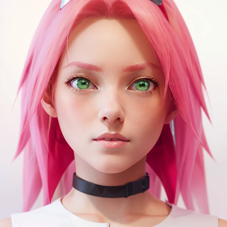 young woman, white skin, long bubblegum pink hair, red headband, wide forehead, pink eyebrows, large emerald green eyes, buttoned nose, thick red lips, heart-shaped face, low-cut gold dress, small breasts, high detail, sharp focus , Sakura Haruno, realistic, realism, 3d