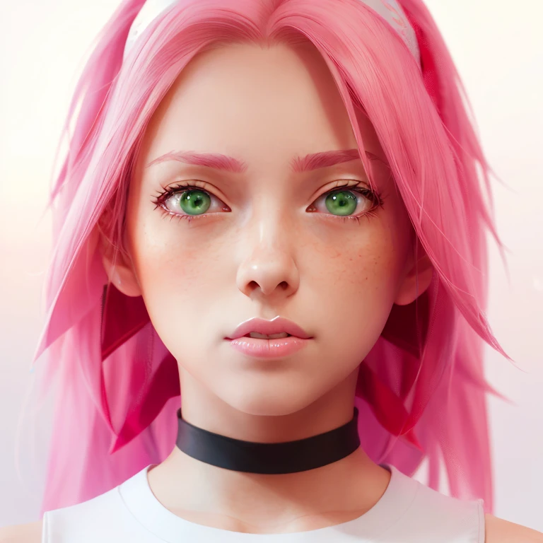 young woman, white skin, long bubblegum pink hair, red headband, wide forehead, pink eyebrows, large emerald green eyes, buttoned nose, thick red lips, heart-shaped face, low-cut gold dress, small breasts, high detail, sharp focus , Sakura Haruno, realistic, realism, 3d