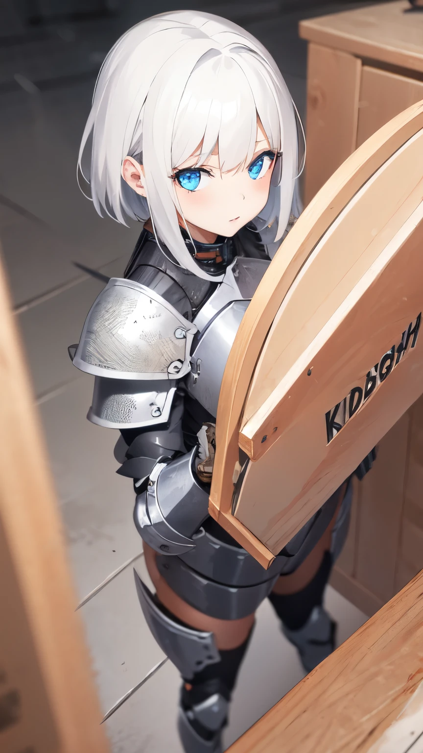 1Lady, short white hair, blue eyes, wearing armor, room, high res, ultrasharp, 8K, masterpiece, looking at viewer, absurdres, Knight