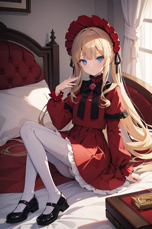 masterpiece, highest quality, High resolution, 1 8-year-old girl、blue eyes、
blonde、Straight long hair、Original Costume、bonnet, red dress,white pantyhosecup, black footwear 、Luxury bedroom、
