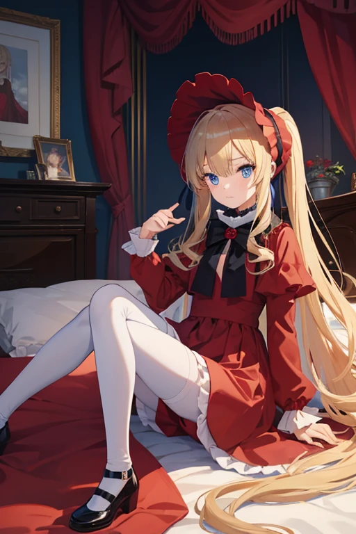 masterpiece, highest quality, High resolution, 1 8-year-old girl、blue eyes、
blonde、Straight long hair、Original Costume、bonnet, red dress,white pantyhosecup, black footwear 、Luxury bedroom、