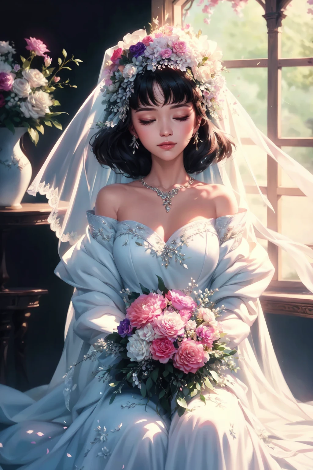 A bride enshrouded in a sheerdelicateveil,her eyes closed in a sereneexpression. She's surrounded by anethereal floral arrangement,adding adreamy quality to the soft,diffused lightthat bathes the scene.