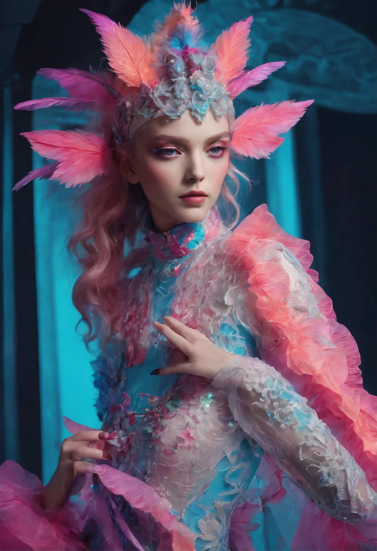 In a strikingly evocative composition, a mythopoeic creature, bathed in neon lights and adorned in high fashion, resonates with an otherworldly vibrancy. This captivating image, captured in a lomographic photograph, showcases a resplendent being that exudes an intoxicating blend of enchantment and fashion-forward elegance. Every nuanced detail is meticulously highlighted, from the exquisite embellishments on the creature's intricate attire to the mesmerizing neon glow that seems to pulsate with a life of its own. The image radiates a sense of artistic mastery, serving as a testament to the skilled craftsmanship and impeccable vision of the photographer.
