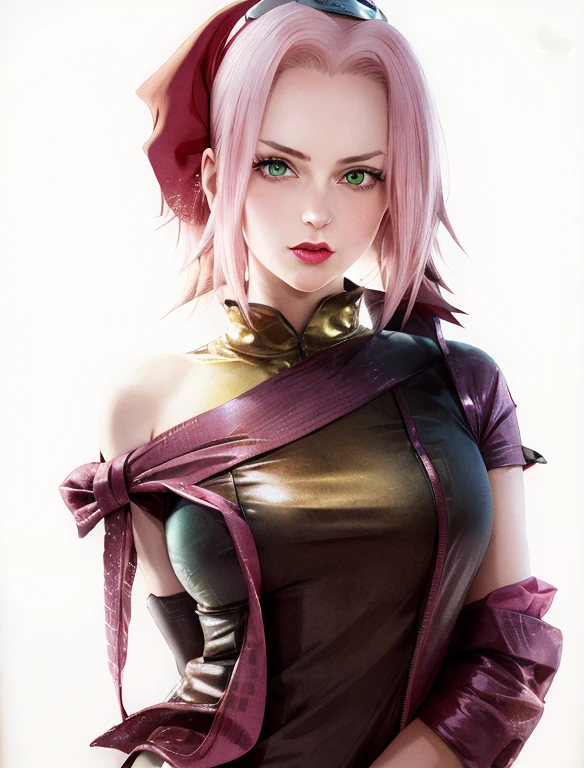 young woman, white skin, long bubblegum pink hair, red headband, wide forehead, pink eyebrows, large emerald green eyes, buttoned nose, thick red lips, heart-shaped face, low-cut gold dress, small breasts, high detail, sharp focus , Sakura Haruno, realistic, realism, 3rd
