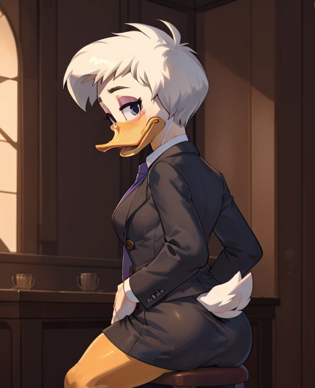 (ducktales:1.2) (ducktales:1.2) (by kyurisawa:1.2) (by chelodoy:1) (by ashraely:1) BREAK daisy duck, beak, white skin, white body, white hair, short hair, female, breasts, orange legs,  clothed, clothing, mouth closed, eyeliner, pink eyeshadow, black eyebrows, black eyes, inside, mansion, night (tired:1.3) looking at viewer, skirt suit, (((three-piece suit))), (((necktie))), blazer, (((suit jacket))), (((suit shirt))), (((dress shirt))), (((waistcoat))), double-breasted waistcoat, bodycon miniskirt, pencil skirt, hand on hip, open mouth, tongue, spread legs, lace panties , skirt lift, shy, cameltoe, sitting on chair, back view, ass