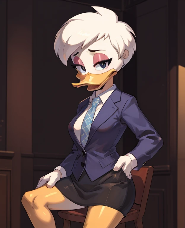 (ducktales:1.2) (ducktales:1.2) (by kyurisawa:1.2) (by chelodoy:1) (by ashraely:1) BREAK daisy duck, beak, white skin, white body, white hair, short hair, female, breasts, orange legs,  clothed, clothing, mouth closed, eyeliner, pink eyeshadow, black eyebrows, black eyes, inside, mansion, night (tired:1.3) looking at viewer, skirt suit, (((three-piece suit))), (((necktie))), blazer, (((suit jacket))), (((suit shirt))), (((dress shirt))), (((waistcoat))), double-breasted waistcoat, bodycon miniskirt, pencil skirt, hand on hip, open mouth, tongue, spread legs, lace panties , skirt lift, shy, cameltoe, sitting on chair, back view, ass