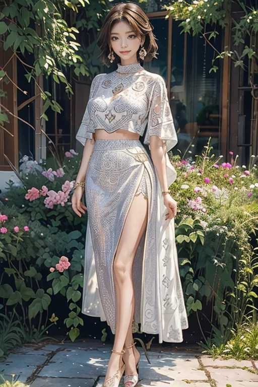 highest quality, Very detailed, masterpiece, Two women posing,(((Perfect female body))),Very beautiful face, Very beautiful body,Gentle expression, Very beautiful eyes,(Perfect Makeup:1.1),Fashion Model,Mid-Length Bob,Shaggy Hair,Ash Brown Hair:1.3, very thin body,Smart Abs,((Monogram pattern:1.3)),Various gradations,Turtleneck lace blouse,Long Length Pencil Skirt,anklet,Elegant high heels,A kind smile,Full body portrait,(garden:1.3), (Shiny skin),(Earrings),See-through long shawl,