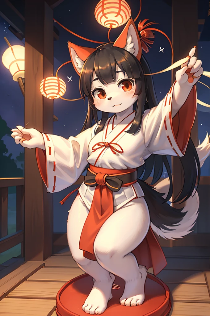(Henri Matisse style:1.2), from above , 1 hairy inari girl , Short stature , realistic hairy fur , Straight black Long Hair , Round face, swollen cheeks,round eyes , neat hair ties , Japanese Shrine Maiden Clothing , (dynamic Noh dance action:1.3) , in the Inari Shrine , Sacred offerin , (Fly around Will-o'-the-wisp) , midnight