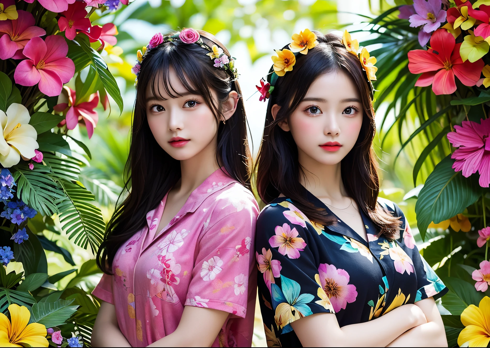 (masterpiece, highest quality, highest quality, Official Art, beautifully、aesthetic:1.2), (Two girls), Very detailed,(Fractal Art:1.3),Colorful Aloha Shirt、Most detailed, Background with fractals and details of assorted flowers and tropical butterflies、Amazing elegance