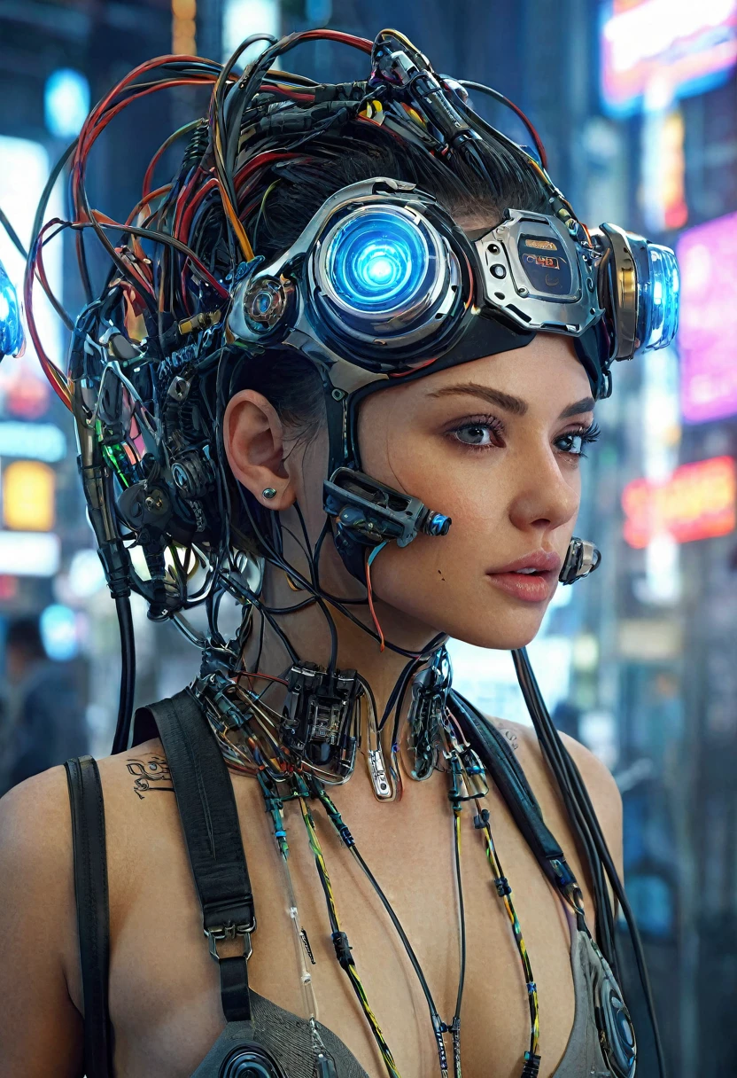 cyberpunk woman, looking at viewer, cyberpunk cityscape, by aaron Horkey, by HR Giger, cables, wires, hoses, neon sign, (night:1.4) <lora:Exoskeletal_Echos:0.8> exoskel, masterpiece, best quality, ultra high res, (photorealistic, realistic:1.2), deep shadow, raw photo, film grain, Fujifilm XT3, 8k uhd, dslr, <lora:EnvyBetterHiresFixXL01:1>