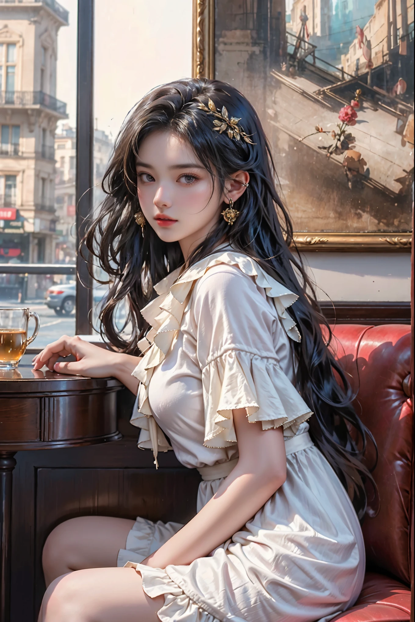 High quality, high resolution, masterpiece, and highly finished real photos. A stunning high-resolution photo of a beautiful young woman who oozes grace and femininity, captured on a Nikon DSLR with her 64 megapixels. She is sitting in a quaint Parisian cafe, her wavy dark hair framing her sparkling eyes. In her indigo and white floral short dress, she exudes an air of romance and love. Her cafe environment is atmospheric and moody, with the focus on her seductive features and her perfect anatomy. The atmosphere is further enhanced by the use of HDR technology, creating a perfect quality image that captures the essence of romantic Paris.