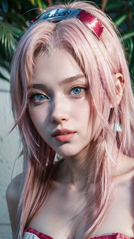 young woman, white skin, long bubblegum pink hair, red headband, wide forehead, pink eyebrows, large emerald green eyes, buttoned nose, thick red lips, heart-shaped face, low-cut gold dress, small breasts, high detail, sharp focus , Sakura Haruno, realistic, realism, 3d