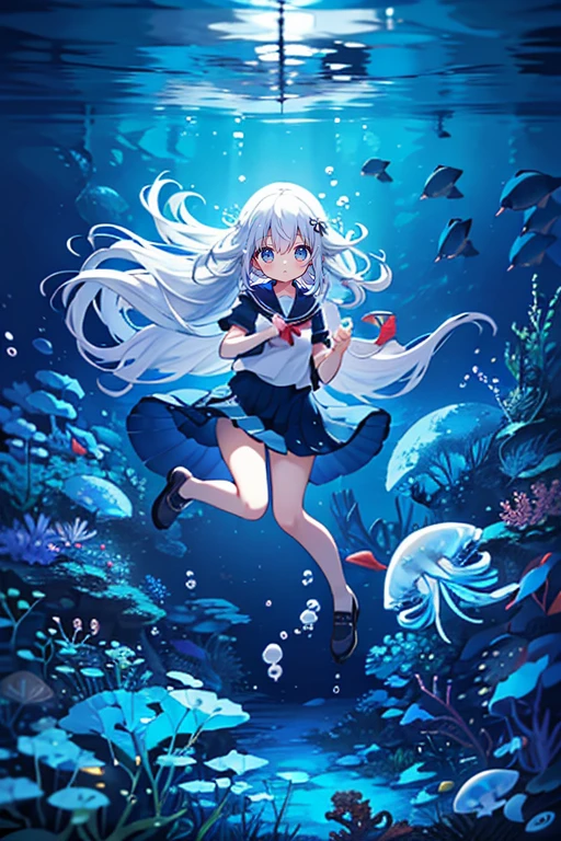 (Peace Fly), (highest quality), Very detailed, 1 girl, Personal full-body photo, Perfect Face, beautiful girl, Very detailed顔，(Long white hair:1.5)，(blue eyes:1.4)，(Flowing Hair:1.4)，(Underwater:1.4)，sink，school fishy，Light，jellyfish，Seaweed，Redfish，fishy，deep sea，Fantasy