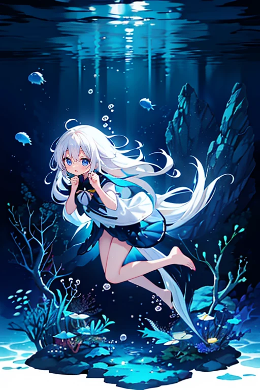 (Peace Fly), (highest quality), Very detailed, 1 girl, Personal full-body photo, Perfect Face, beautiful girl, Very detailed顔,(Long white hair:1.5),(blue eyes:1.4),(Flowing Hair:1.4),(Underwater:1.4),sink,school fishy,Light,jellyfish,Seaweed,Redfish,fishy,deep sea,Fantasy