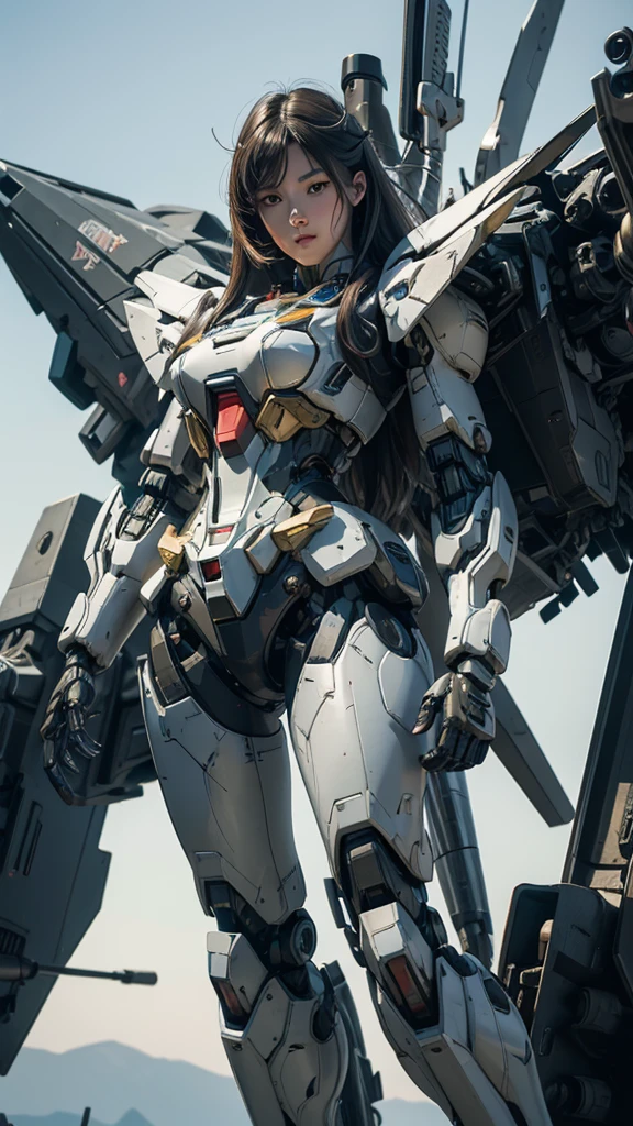 Textured skin, Super Detail, high details, High quality, Best Quality, hight resolution, 1080p, hard disk, Beautiful,(Gundam),beautiful cyborg woman,Mecha Cyborg Girl,Battle Mode,Girl with a Mecha Body,She wears a futuristic Gundam mecha,Fulll body Shot