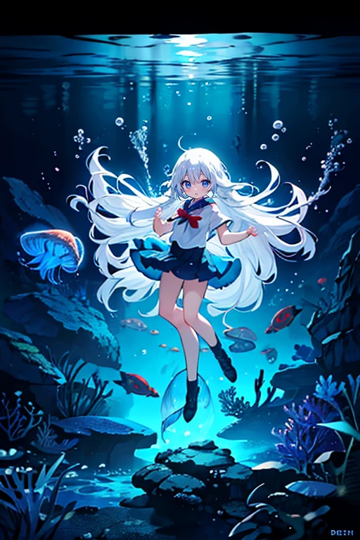 (Peace Fly), (highest quality), Very detailed, 1 girl, Personal full-body photo, Perfect Face, beautiful girl, Very detailed顔，(Long white hair:1.5)，(blue eyes:1.4)，(Flowing Hair:1.4)，(Underwater:1.4)，sink，school fishy，Light，jellyfish，Seaweed，Redfish，fishy，deep sea，Fantasy