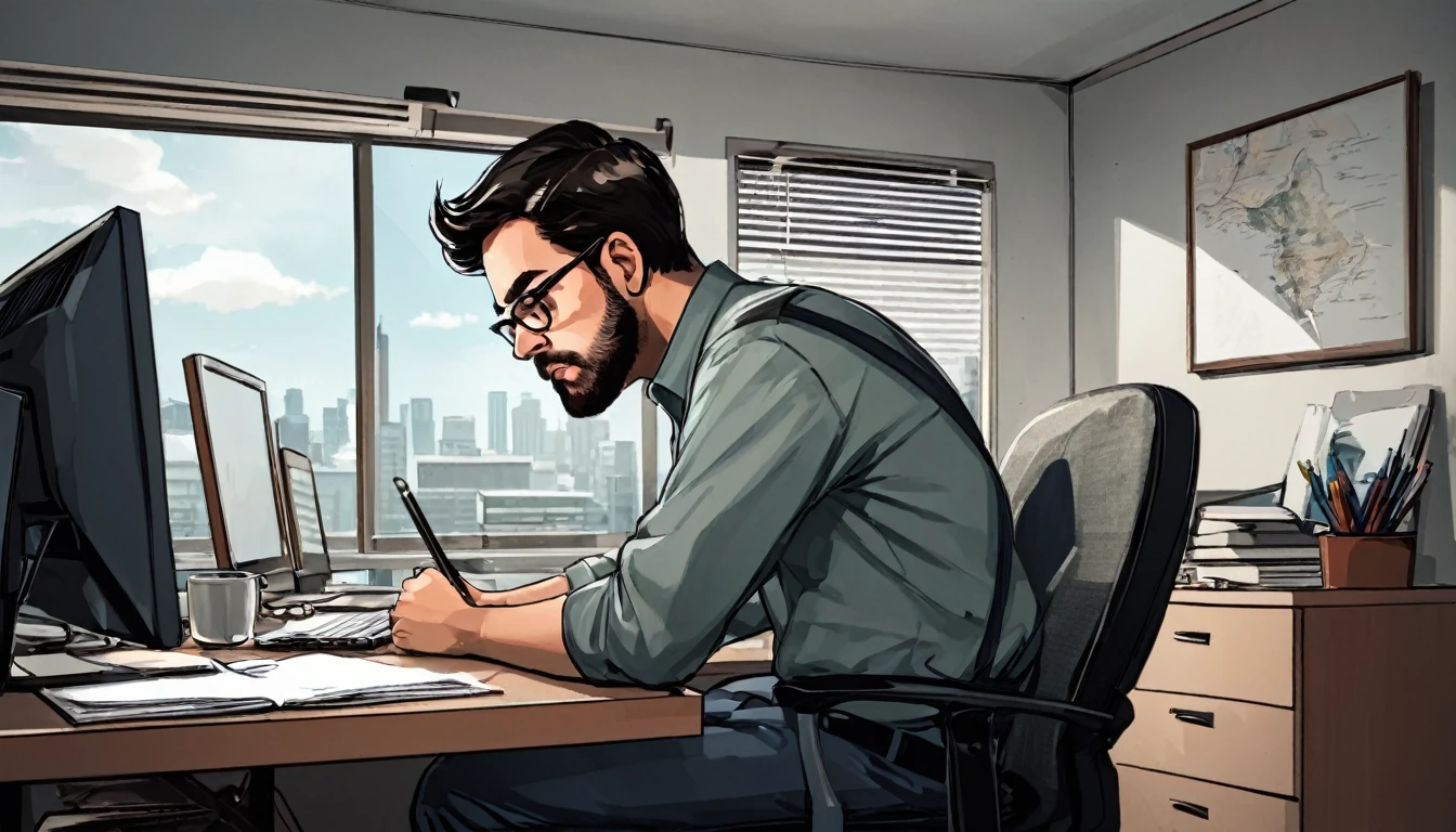 desenho um homem exauto de seu trabalho, He's unhappy