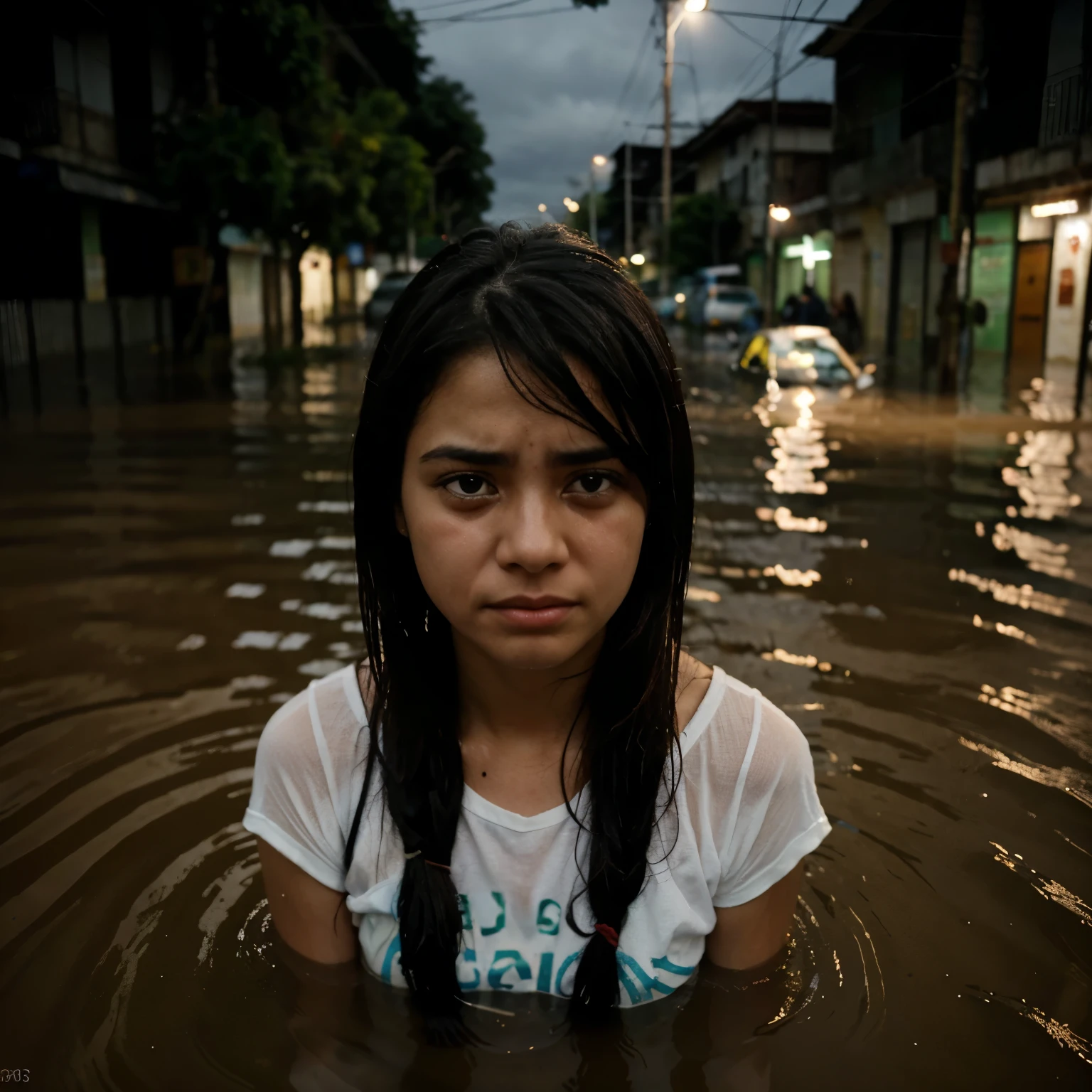 Photograph of a crying and sad on the street flooded by floods in the city of Rio Grande do Sul Brazil