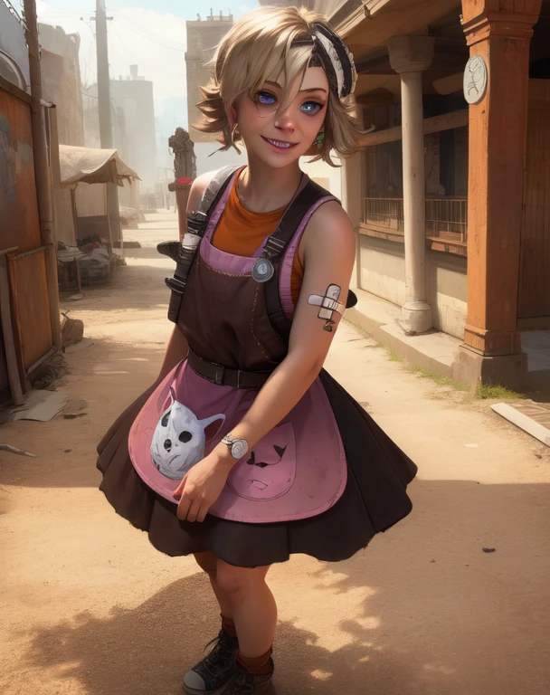 Tina,blue eyes,blonde hair,
shirt,apron,detached sleeve,bandaid on face,mask on head,
standing,full body,smile,
wastelands,carnival,
(insanely detailed, beautiful detailed face, masterpiece, best quality),solo,