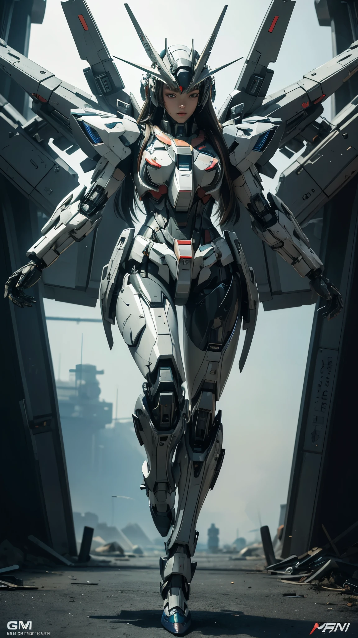 Textured skin, Super Detail, high details, High quality, Best Quality, hight resolution, 1080p, hard disk, Beautiful,(Gundam),beautiful cyborg woman,Mecha Cyborg Girl,Battle Mode,Girl with a Mecha Body,She wears a futuristic Gundam mecha,Fulll body Shot