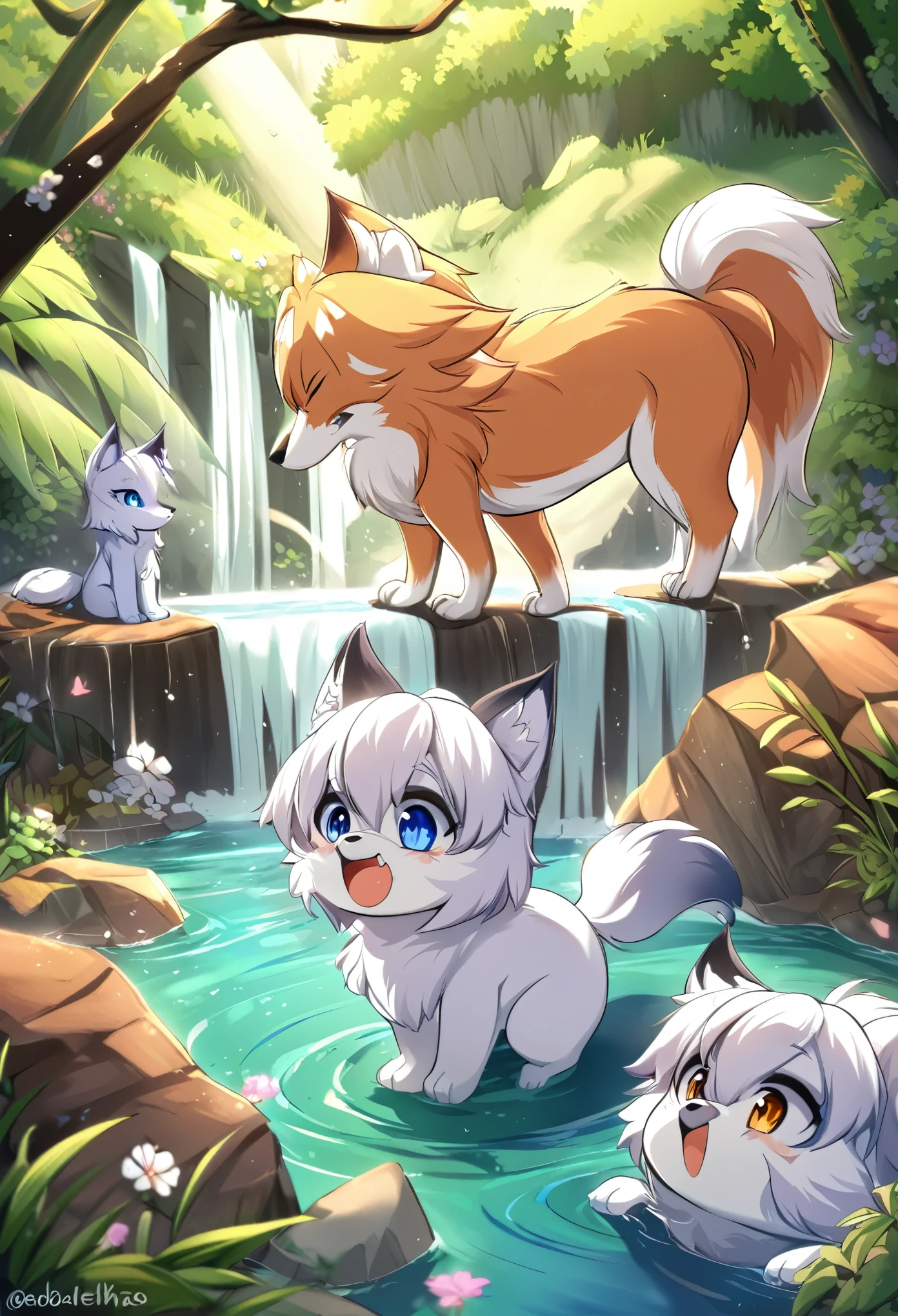 2 feral wolf children (furry), twin brothers, They are playing on the edge of a stream (calm and crystal clear waters,  pedregulhos e cascalhos macios na beira do riacho), floresta com raios ensolarados, borboletas voando ao fundo, raio de sol, happy expression, focinho preto, pelagem branca, lobo branco