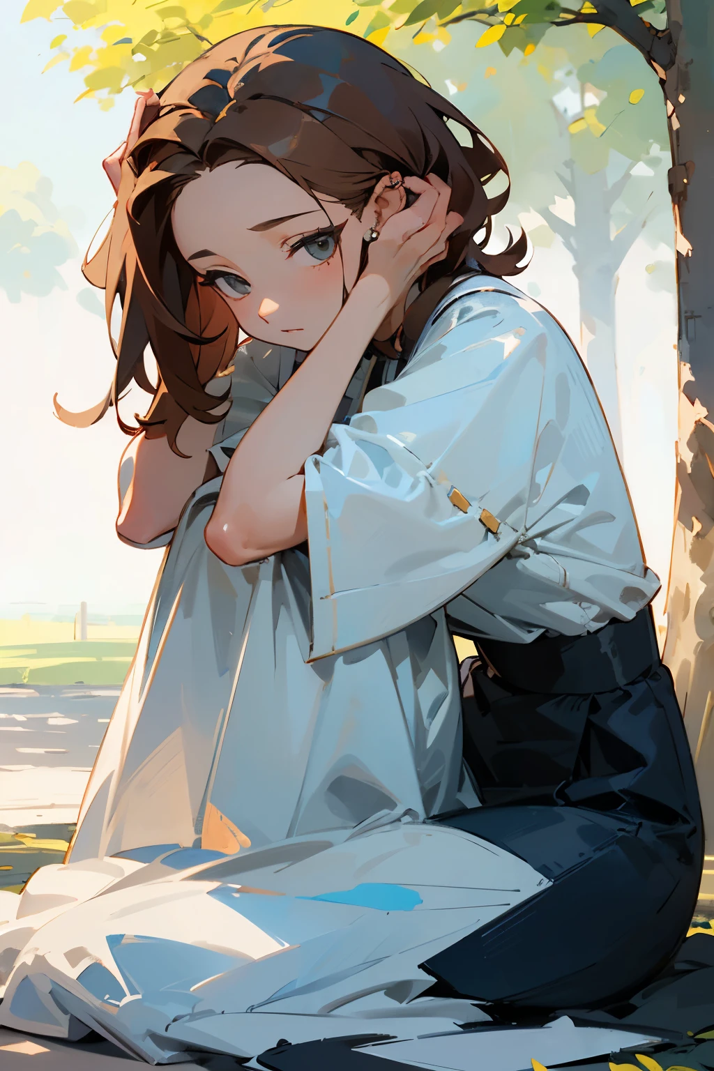 (masterpiece, best quality, detailed:1.3), a girl, expressionless, bob, center part, forehead, brown hair,
wearing, sitting on the floor, hands on head, dress, piercing,
outside, on the park, daytime, watercolor,
BREAK (dynamic angle:1.2)