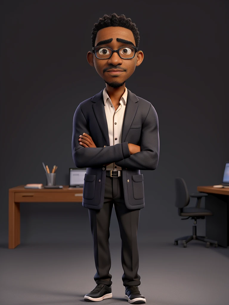 (a black man:1.1,32 years old,with a bald beard, wearing glasses, crossed arms):1.1,dark skin,confident expression,stylish outfit,professional attitude,intense gaze,modern background,studio lighting,photographic style,sharp focus,vivid colors