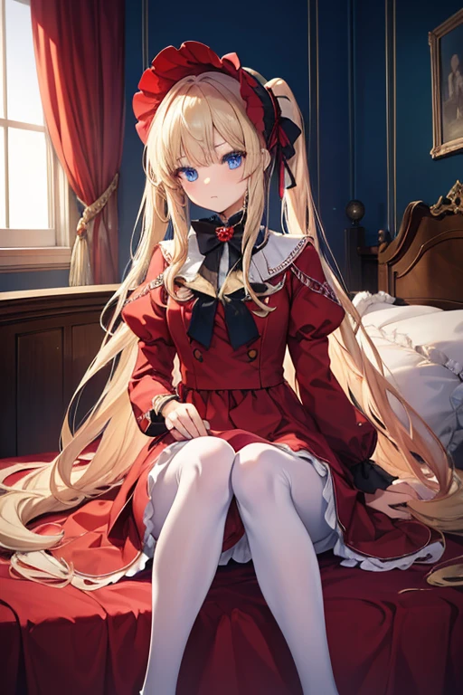 masterpiece, highest quality, High resolution, 1 8--old l、blue eyes、
blonde、Straight Long Hair、Original costumes、bonnet, Red dress,White pantyhose cup, Luxury Bedroom、