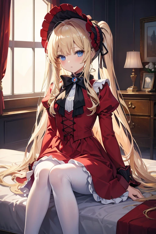 masterpiece, highest quality, High resolution, 1 ***************、blue eyes、
blonde、Straight Long Hair、Original costumes、bonnet, Red dress,White pantyhose cup, Luxury Bedroom、