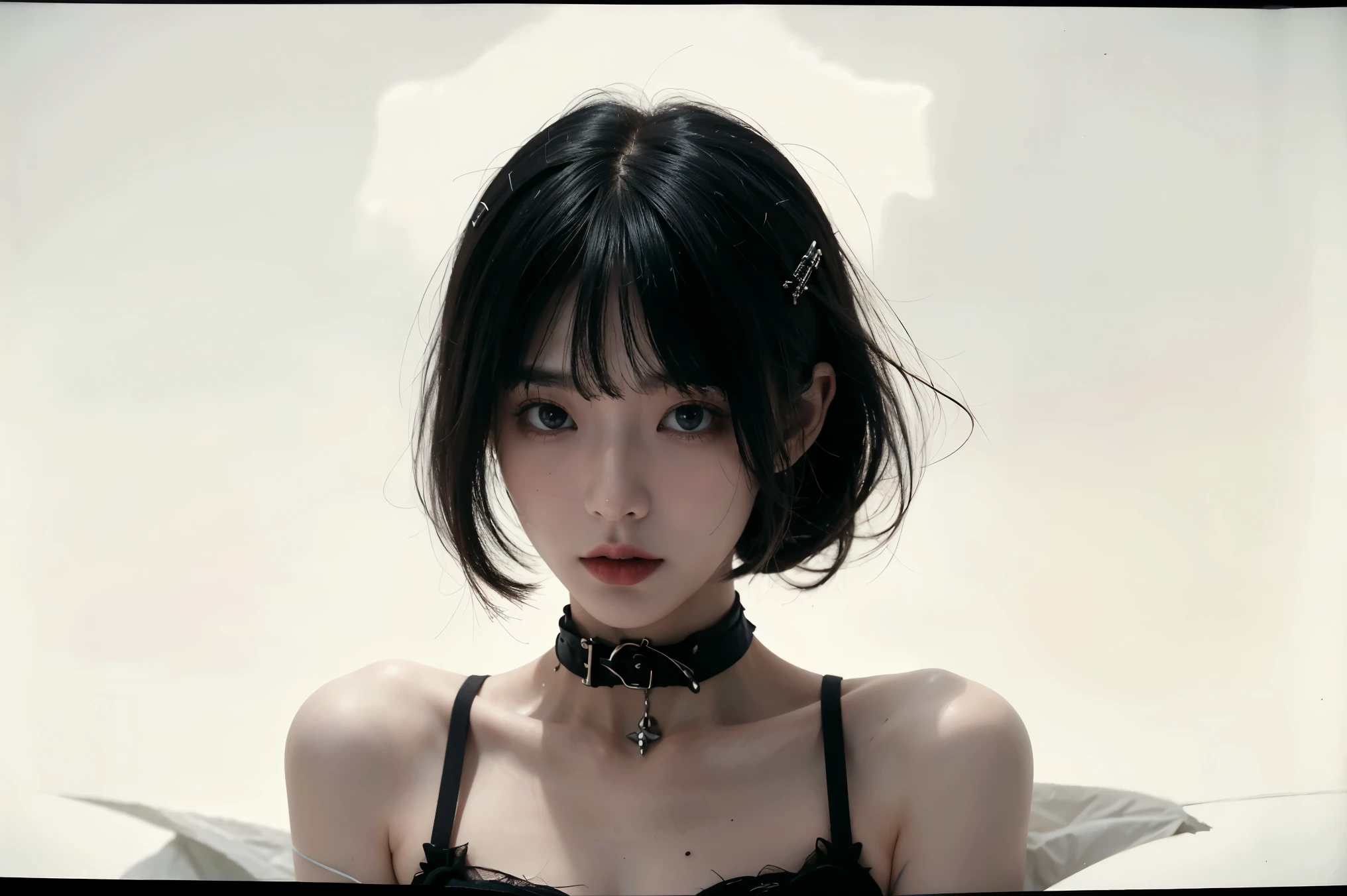 zwd, true-to-life visuals, artistically refined, breathtaking aesthetics, dramatic contrasts, beautiful white concrete background, 1 girl, 24-years-old, slender, Medium Hair, bangs, (Gothic_Punk:1.2), masterpiece, best quality, RAW Photos, candytt