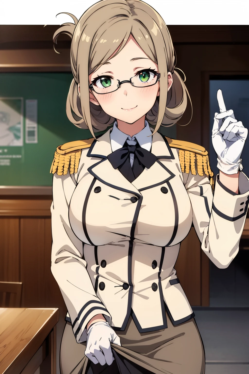 highest quality, High resolution, One girl, Big Breasts, Katori \(Kantai Collection\), Light brown hair, Folded ponytail, Parted bangs, Green Eyes, Glasses, 縁なしGlasses, uniform,White jacket,Epaulettes,Black tie,White gloves,Grey pencil skirt, Black Pantyhose, Black Bra, blush, Embarrassing, smile, View Viewer, Good lift, Squint your eyes