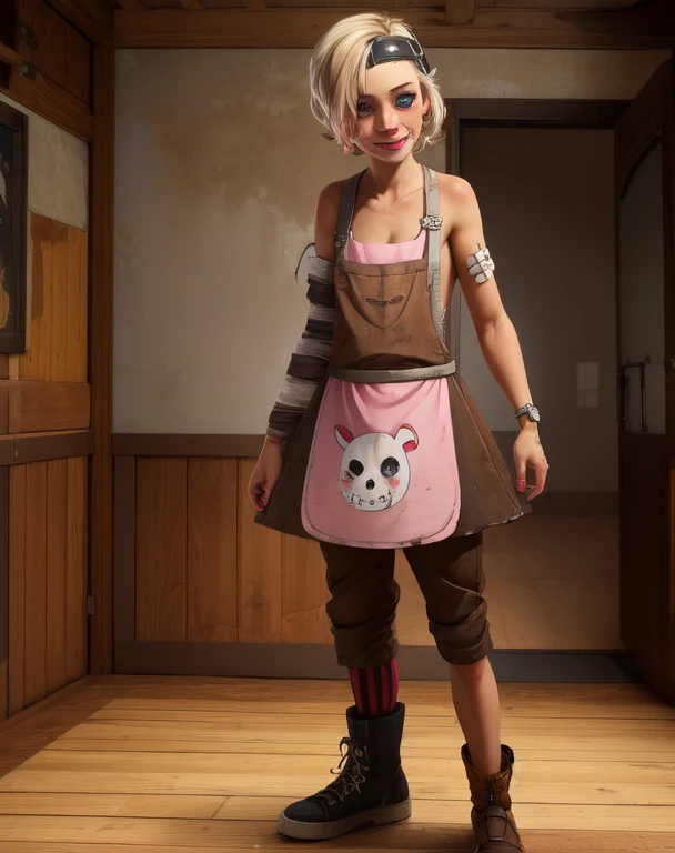 Tina,blue eyes,blonde hair,apron,detached sleeve,bandaid on face,mask on head,
standing,full body,smile, nude body,
wastelands,carnival,
(insanely detailed, beautiful detailed face, masterpiece, best quality),solo,