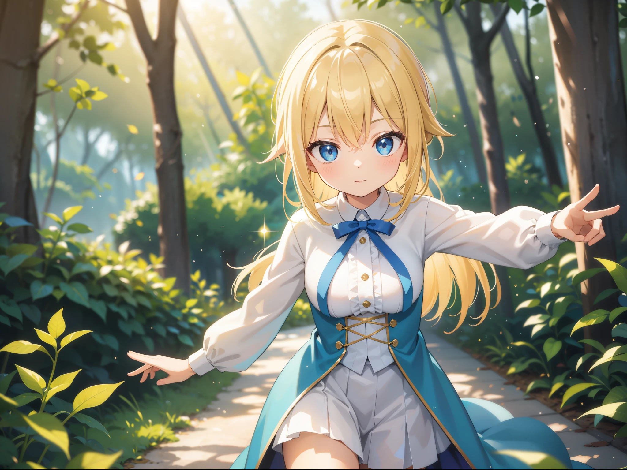 atmospheric perspective, depth of field, cinematic lighting, sparkle, f/2.8, 135mm, UHD, retina, high details, high quality, highres, best quality, 4K、In a fantastic forest、fairy girl、Blonde、Blue Eyes、A fantastic outfit based on white、A fantastic atmosphere、He is facing forward without noticing me,((Running with several people))