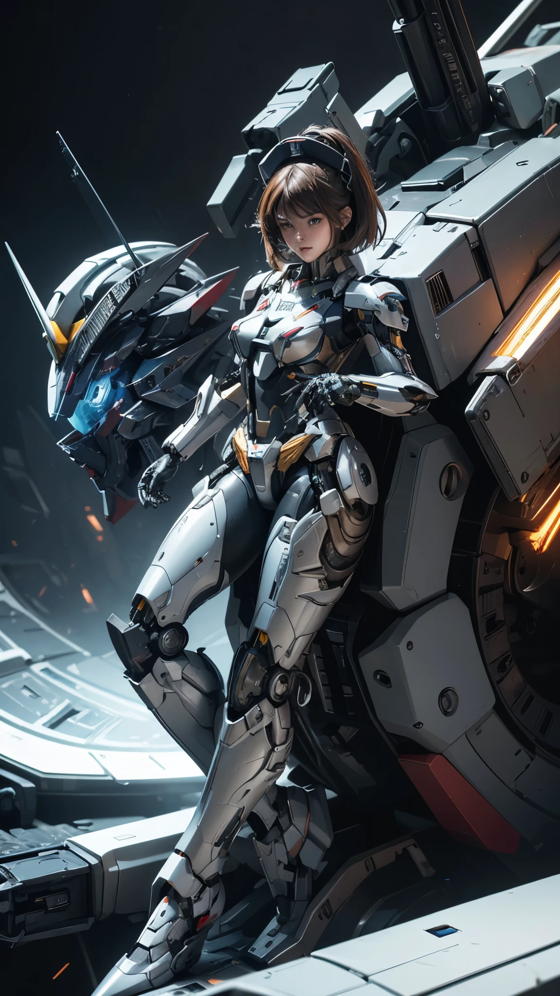 Textured skin, Super Detail, high details, High quality, Best Quality, hight resolution, 1080p, hard disk, Beautiful,(Gundam),beautiful cyborg woman,Mecha Cyborg Girl,Battle Mode,Girl with a Mecha Body,She wears a futuristic Gundam mecha,Fulll body Shot