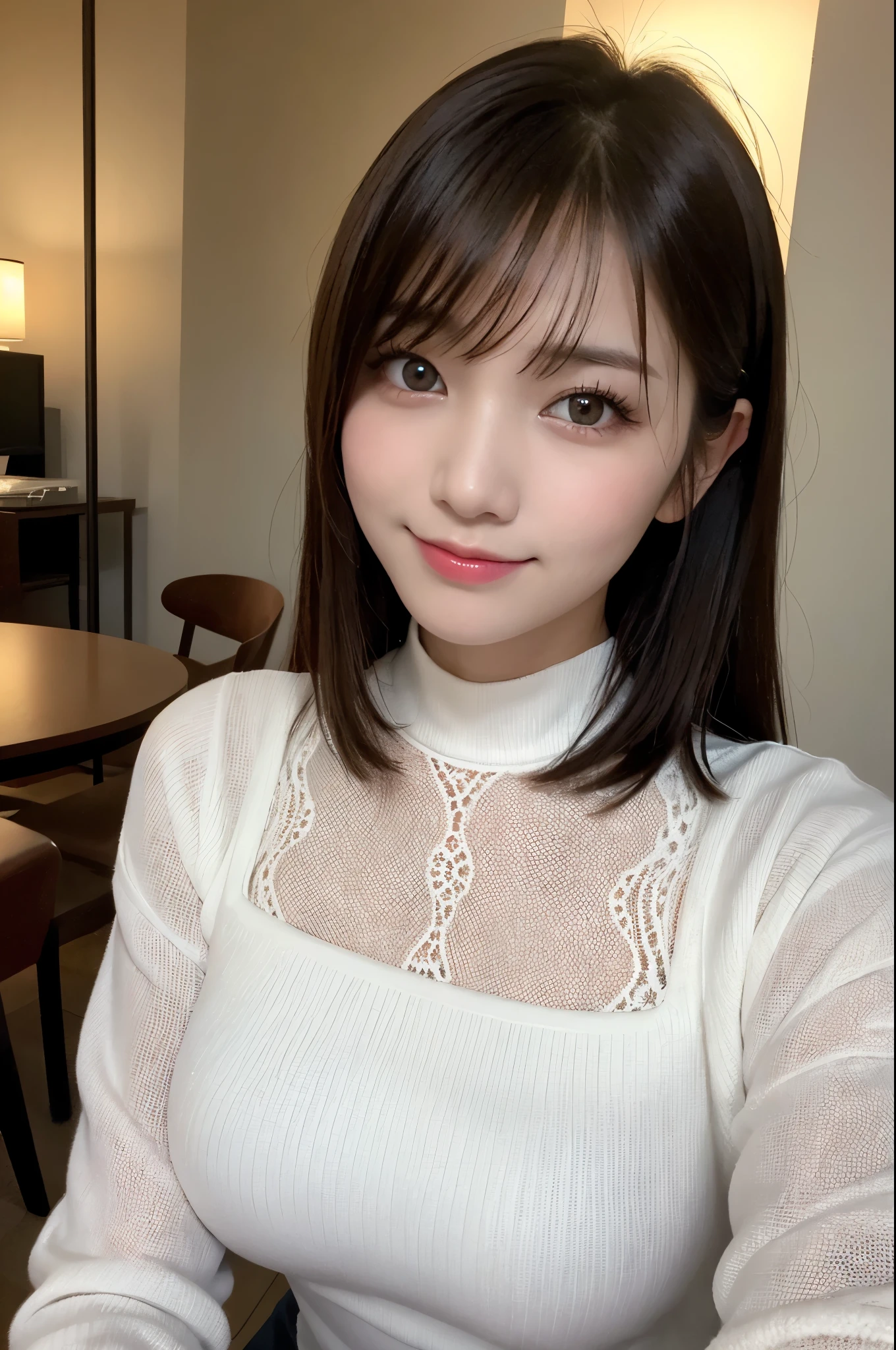 On the table、best quality、Photorealism、Finely、high resolution、8wallpaper、Perfect dynamic posture、Beautiful slender eyes and long hair、(Big breasts 1.2)、casual sexy pose、Random situations、Selfie Angle,Looking at the camera,(Tight round neck black mesh lace shirt)、、Gentle smile、50 years old、(Perfect Eyes 1.3)、Mature adult beauties、Japanese、