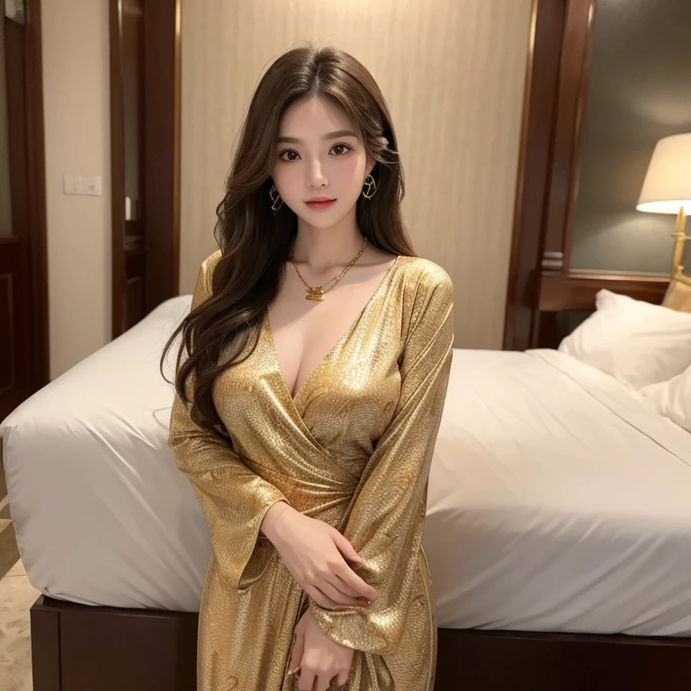 ((Highest image quality、8K、masterpiece:1.3))、1girl in、smile、Full body Esbian、slim face、cute woman、(dark brown hair)、super detailed face、detailed eyes、double eyelid、blurred background、slim face、in the hustle and bustle of the city_Super long brown hair、big breasts、full body shot、on the hotel bed、Hair with loose waves inside、abstract printed dresses_long sleeve_wrap dress、gold necklace_Large earrings、No expression