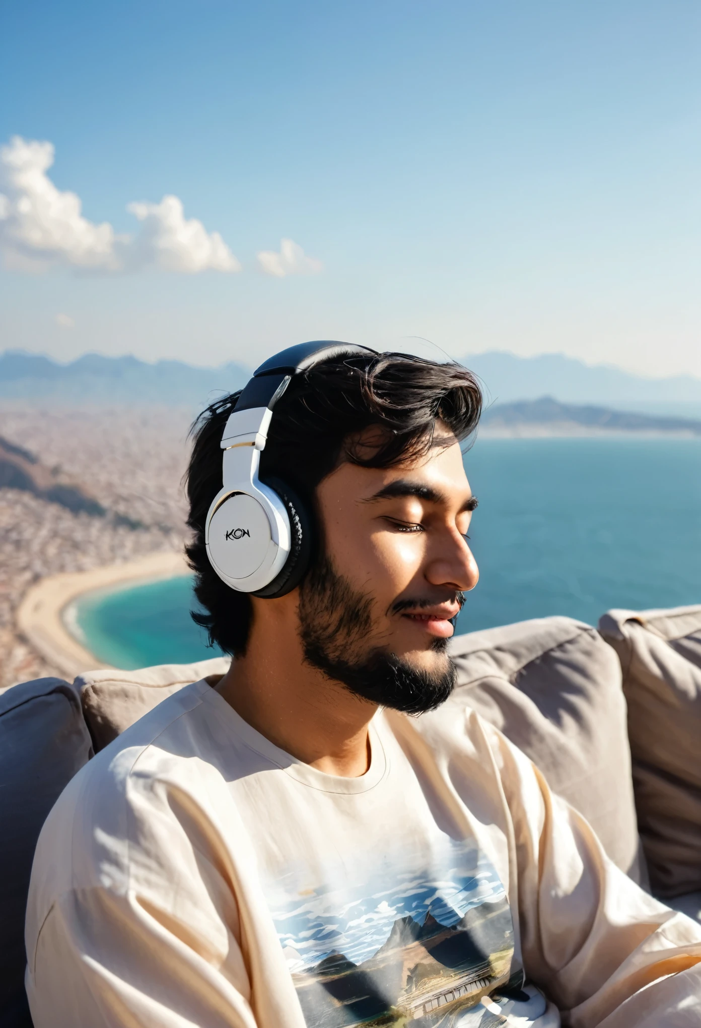 a man sitting on a sofa next to a beautiful view. The person was wearing headphones and dressed in a light-colored koko Muslim shirt. In the background, there is a vast sea, perhaps a sea or ocean, with a visible horizon line and the shape of mountains. The sky was clear, indicating perhaps a day with good weather. The person's face seemed to be enjoying the atmosphere as seen from closing his eyes