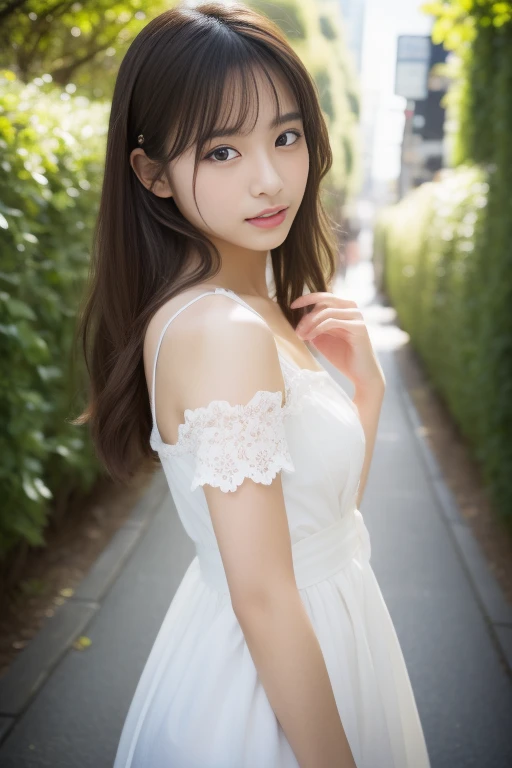 (masterpiece、16k image、high resolution、highest quality)、solo、One Girl、(Japanese Girls' High School Sailor Uniform,perfection)、(Perfect Anatomy,Beautiful body、Healthy Body、Beautiful Skin)、sunny day、Black-haired、ponytail、black eye、On the way home、Small Tits:1.5、School zone、artistic.、Beautiful woman、Beautiful Body、smile、