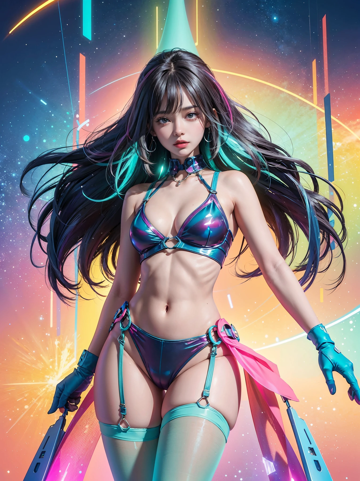 A captivating 3D render of a sultry young girl, composed entirely of small, bright glowing neon-colored cubes. Her body radiates energy in vibrant shades of blue, pink, green, and yellow, creating a mesmerizing visual effect. She is dressed in a revealing outfit that accentuates her alluring form. The background showcases a neon-lit urban landscape with towering skyscrapers, reflecting the futuristic and energetic atmosphere of the scene.