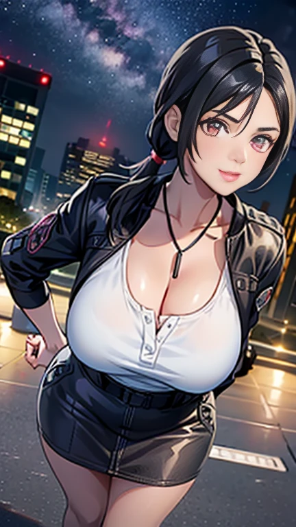 shirt ponytail, Black Hair, Red Eyes, Perfect lips , Confident smile,Cute expression, Cute face, black jacket, Alert posture, Super detailed face, Long eyelashes, Sharp eyes , full-body shot, Dynamic Viewer, Night Sky , dynamic view, Different perspectives,Large Breasts,cleavage silver pendant(((Large Breasts、Low-cut，Cleavage, Wide hips,)))Long legs , 

, naughty,,curvy body,fled