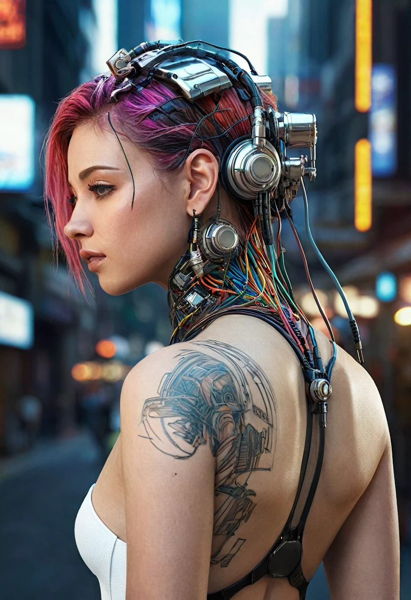 ((extremely delicate and beautiful cybernetic girl)), ((mechanical limblood vessels connected to tubeechanical vertebrae), ((mechanical cervical attaching to neck)), (wires and cables attaching to neck:1.2), ((mass of wires and cables on head)),  (character focus), (((dynamic pose))), ((cowboy shot)), (masterpiece), (((best quality))), ((ultra-detailed)), (highly detailed photorealistic CG illustration), cinematic lighting, science fiction, extremely detailed,colorful,highest detail, (((cyberpunk city background))), tattoos,